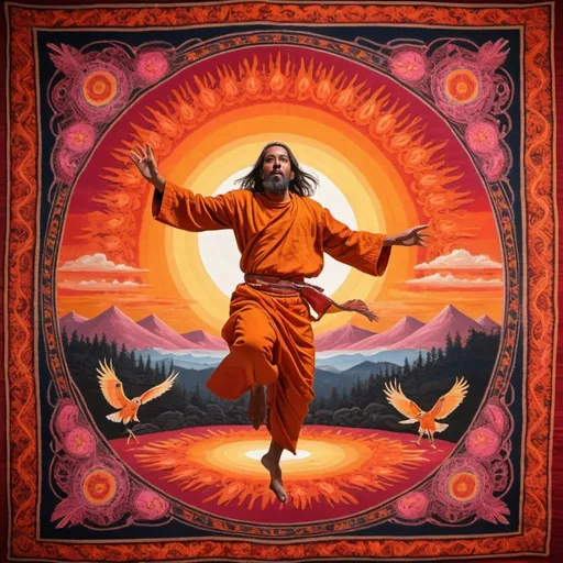 Prompt: A vibrant sunset sky with hues of orange and pink. 
In the foreground, an Indigenous Jesus-like monk man is dancing around a fire on the flying Solomon carpet , wearing traditional Orange attire. 
Above him, an orange red-tailed hawk soars gracefully. 
The richly detailed Solomon carpet , which is flying, is decorated with intricate patterns of Ayahuasca and psychedelics. 