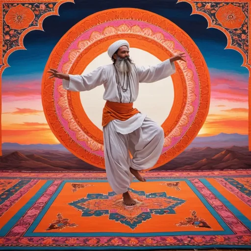 Prompt: A vibrant sunset sky with hues of orange and pink. In the foreground, an Indigenous Sufi man dressing in white and orange is dancing around himself on a richly detailed Solomon carpet wearing traditional sufi attire in the sky. Above him, an orange hawk soars gracefully.  The scene is set against a richly detailed Solomon carpet with intricate patterns of Ahyuhasca and psychedlelics cultural and artistic backdrop to the lively and dynamic scene."
