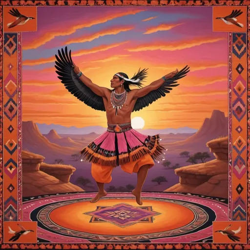 Prompt: A vibrant sunset sky with hues of orange and pink. In the foreground, an Indigenous man is dancing around a fire, wearing traditional attire. Above him, an orange hawk soars gracefully. The scene is set against a richly detailed Solomon carpet with intricate patterns and colors, adding a cultural and artistic backdrop to the lively and dynamic scene."
