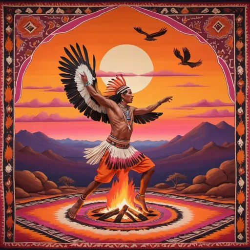 Prompt: A vibrant sunset sky with hues of orange and pink. In the foreground, an Indigenous man is dancing around a fire, wearing traditional attire. Above him, an orange hawk soars gracefully. The scene is set against a richly detailed Solomon carpet with intricate patterns and colors, adding a cultural and artistic backdrop to the lively and dynamic scene."
