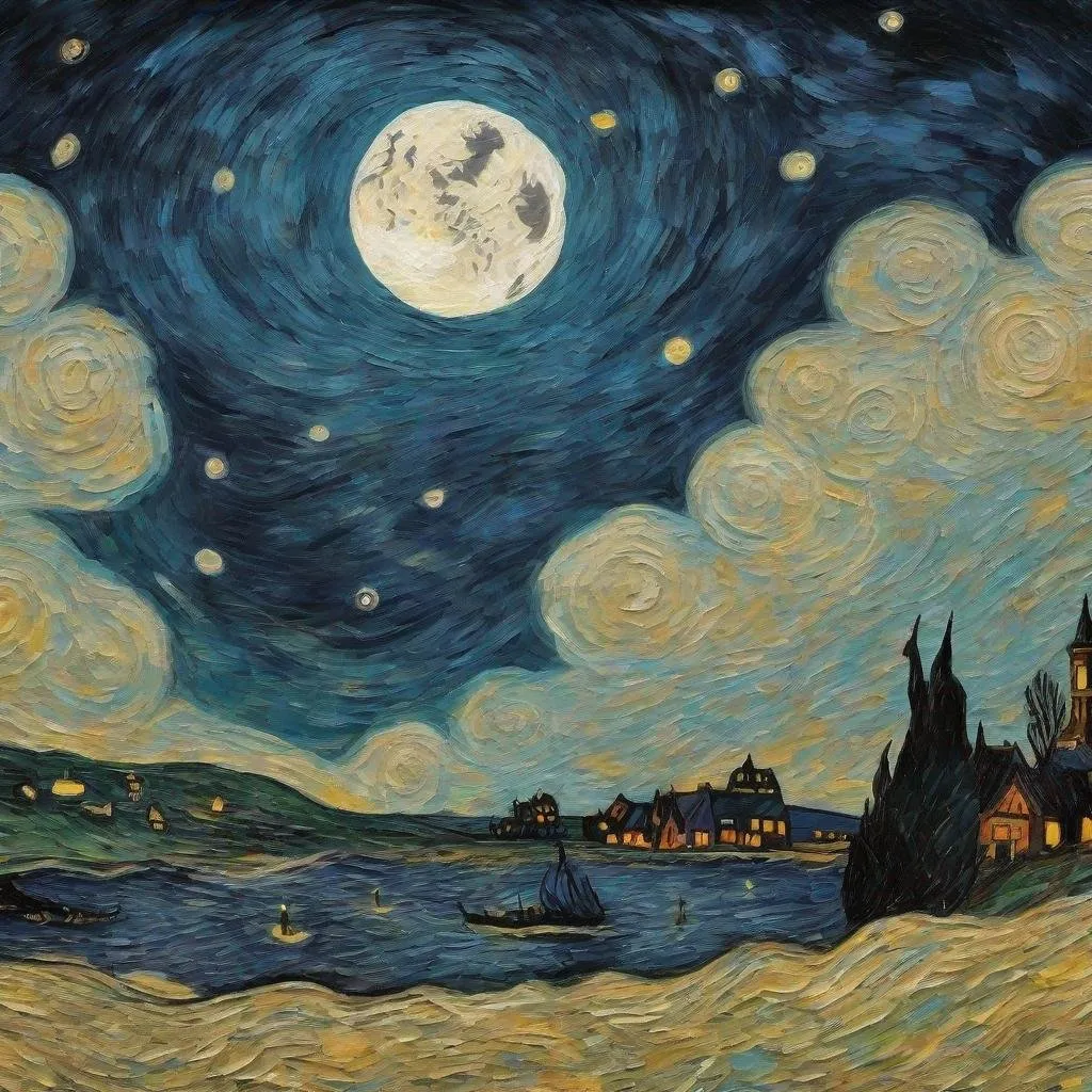 Prompt: make a big moon in the night in van gogh style