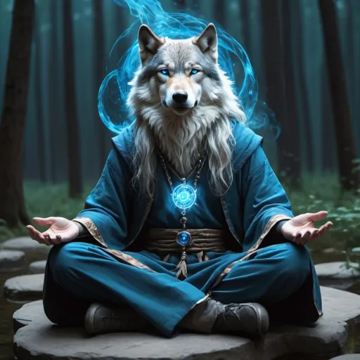 Prompt: A high wolf wizard seeing the future, blue eyes, in seated position, floating and meditating, artistic image, 4k