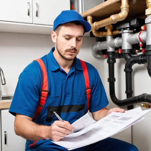 Prompt: Plumber reading documents for building maintenance