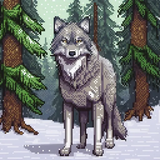 Prompt: (wolf), fierce expression, standing strong in a snowy forest, fur glistening in the sunlight, soft snowflakes falling, majestic aura, natural habitat, cool color tones, serene atmosphere, stunning detailed fur patterns, high quality, ultra-detailed, captivating setting, blending with the environment, peaceful yet powerful ambiance.