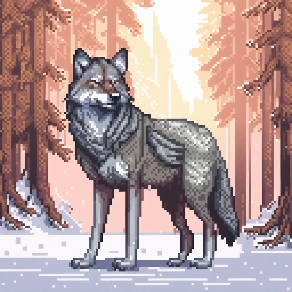 Prompt: (wolf), fierce expression, standing strong in a snowy forest, fur glistening in the sunlight, soft snowflakes falling, majestic aura, natural habitat, cool color tones, serene atmosphere, stunning detailed fur patterns, high quality, ultra-detailed, captivating setting, blending with the environment, peaceful yet powerful ambiance.