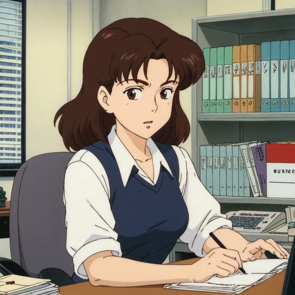 Prompt: 1990s anime screencap, a mom with brown hair working in an office