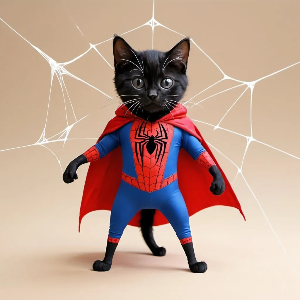 Prompt: Draw a cat dressed as Spider-Man, spinning webs with the help of his little tail