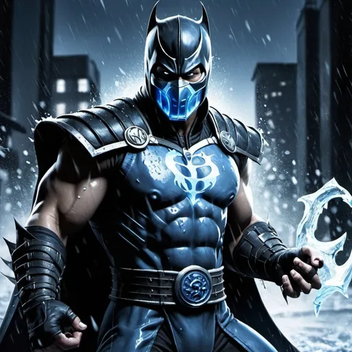 Prompt: Subzero in mortal Kombat vs batman in DC, comic book art, magic ice and batman weapons,rain,dark city,