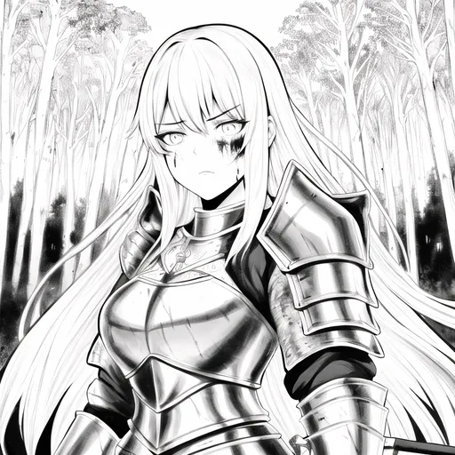 Prompt: girl, messy hair, medieval armor, holding a sword, scared, blood on her face, forest at the background, manga panel, black and white, dutch angle, bold ink strokes