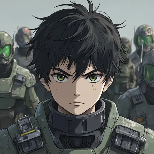 Prompt: Anime, boy, concentrated serious expression, messy dark hair, dark green eyes, wearing futuristic trooper gear, equipped with a high-tech communication device on his head, intricate details, focus on the face, troopers with green-eyed helmets on the background, 8K resolution, ultra-detailed, high quality, in the renowned A1 pictures style, masterpiece visual.