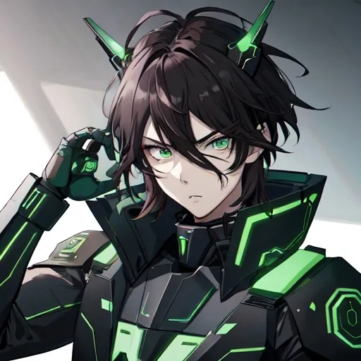 Prompt: Anime character, male, concentrated serious expression, captivating messy dark hair, deep dark green eyes, wearing futuristic trooper gear, equipped with a high-tech communication device on his head, intricate details, set against a dynamic sci-fi backdrop, focus on the face. 8K resolution, ultra-detailed, high quality, harmoniously blending elements of technology and artistry, in the renowned A1 pictures style, masterpiece visual.