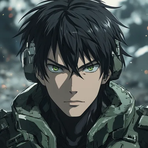 Prompt: Anime character, male, concentrated serious expression, captivating messy dark hair, deep dark green eyes, wearing futuristic trooper gear, equipped with a high-tech communication device on his head, intricate details, set against a dynamic sci-fi backdrop, focus on the face. 8K resolution, ultra-detailed, high quality, harmoniously blending elements of technology and artistry, in the renowned A1 pictures style, masterpiece visual.