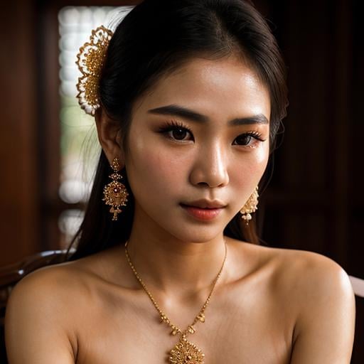 Prompt: Beautiful Thai woman's face, intricate details, high quality, realistic, warm color tones, soft lighting, delicate features, elegant aura, traditional attire, floral accessories, serene expression
