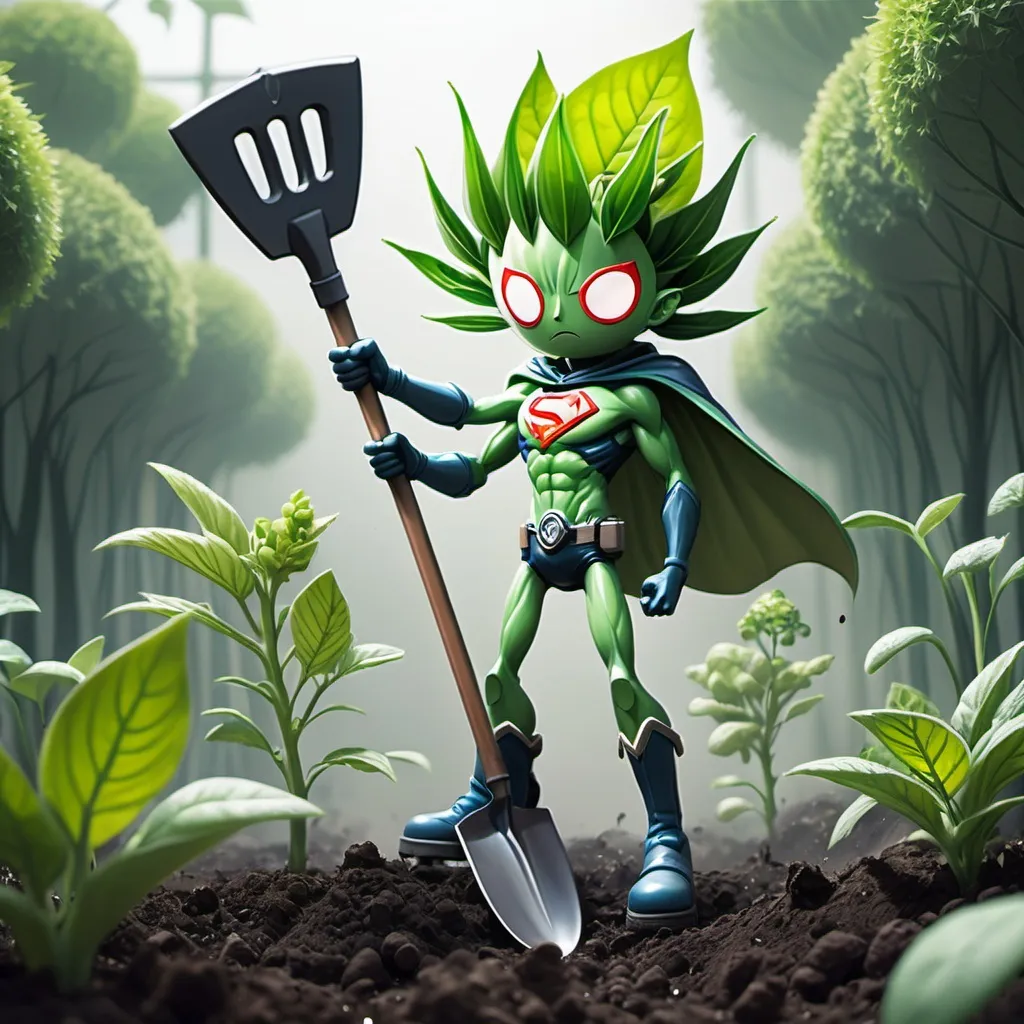 Prompt: anime plant with super powers has a shovel as a weapon saving fellow garden plants from evil bugs, cold, and pollution