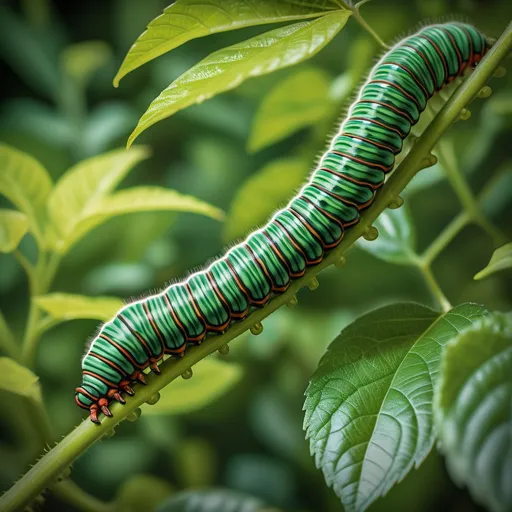 Prompt: A captivating scene focuses on a caterpillar munching on leaves in a lush garden, highlighting its journey toward transformation. The composition is framed in a close-up shot, capturing the intricate details of the caterpillar as it nibbles delicately on the vibrant green foliage. The camera employs a graceful tracking shot, smoothly revealing the depth and dimension of the garden, showcasing the rich textures of the leaves and the surrounding flora. The lighting is bright and natural, illuminating the caterpillar and making the colors of the leaves pop, creating a lively atmosphere that emphasizes growth and vitality. This moment captures the essence of nature's cycle, set in the present day, evoking a sense of wonder as the caterpillar prepares for its magical transformation into a butterfly. The scene is envisioned in high definition, ensuring that every detail is crisp and vibrant, inviting viewers to appreciate the beauty of this delicate process