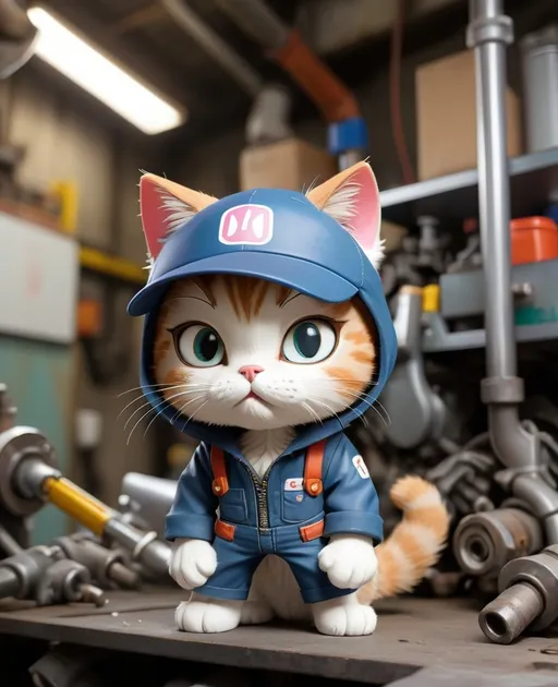 Prompt: Use the cat's face to make an anime figure standing in a mechanic's outfit.