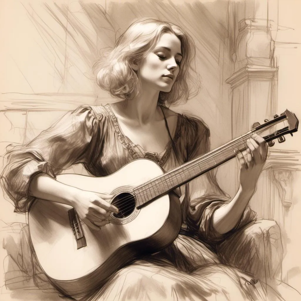 Prompt: <mymodel> pencil-sketch of a woman bard with long blonde hair in a bob, playing a lute, wearing light leather armour,a stunning Donato Giancola masterpiece in artstyle by Anders Zorn and Joseph Christian Leyendecker 