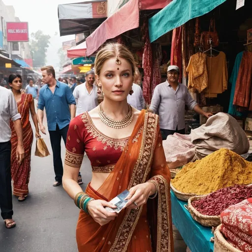 Prompt: All Hollywood Actress in a Market place in Indian attire doing shopping in a busy street 