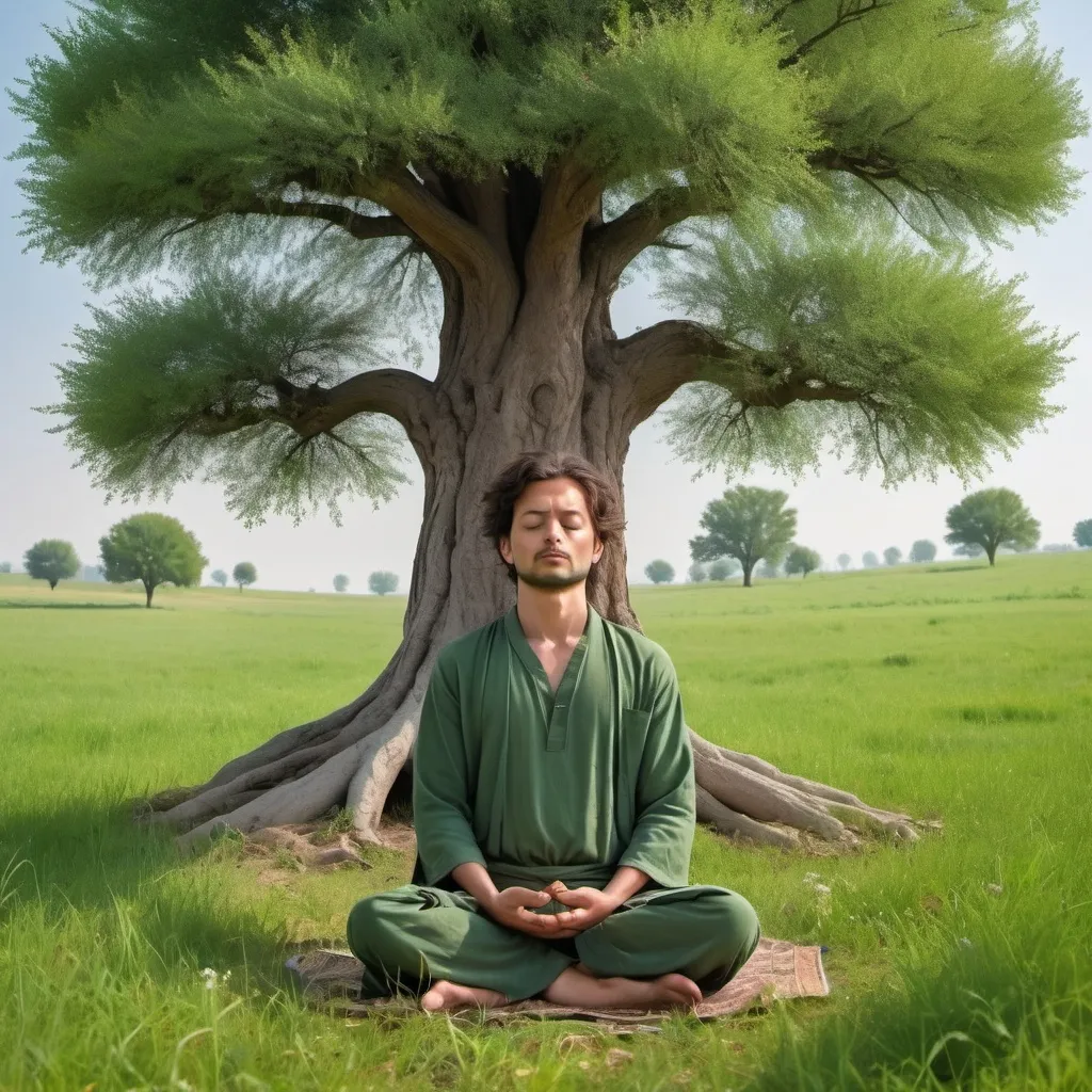 Prompt: Peaceful calm environment of green meadow with a tree with green leaves and a young sage sitting under the tree, with eyes closed and meditating without any worry in face, high resolution, black long haris