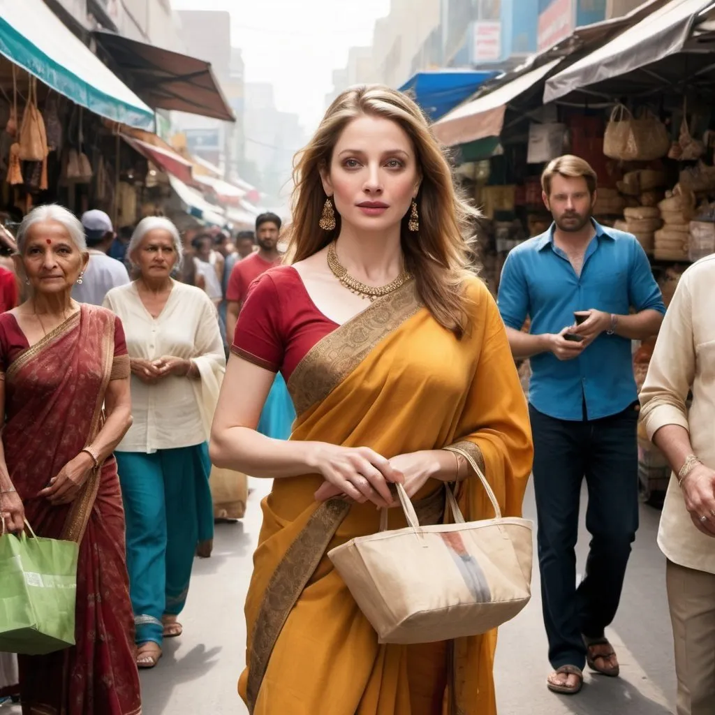 Prompt: All Hollywood Actress in a Market place in Indian attire doing shopping in a busy street 