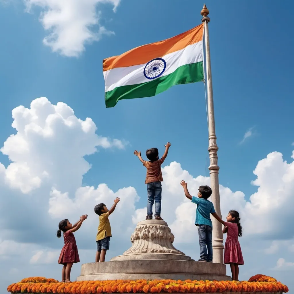 Prompt: Indian Flag hoisted on a pedestal with blue sky and clouds , children standing near the base of pedestal. Flowers  falling from the flag. High resolution 16 k image