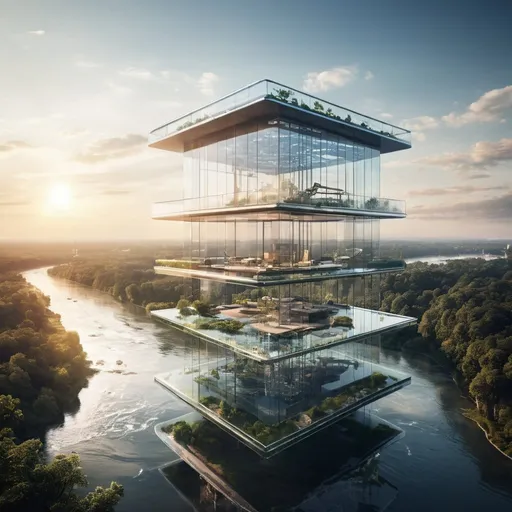 Prompt: Futuristic World with a Nice Glass House with View on top floor around 130 floors with river flowing nearby and sun seeting far off