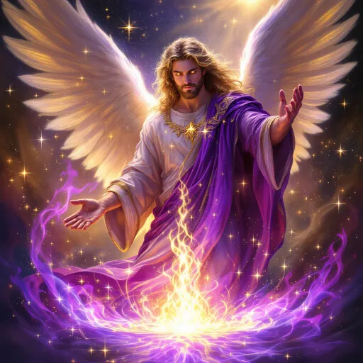 Prompt: *Descripción para la imagen:**  
"*Retrato majestuoso del arcángel Zadkiel, representado como una figura celestial poderosa y serena, irradiando **llamas y rayos violetas** que emergen de sus manos y alas. Su rostro transmite compasión y sabiduría, con ojos brillantes que reflejan luz dorada. Viste una túnica fluida de tonos violetas y púrpuras, entrelazada con destellos de energía luminosa. A sus pies, un **vórtice de llama violeta** transforma nubes oscuras en luz blanca, simbolizando la disolución de conflictos y recuerdos dolorosos. El entorno es el **Reino de los Cielos**, con nubes doradas y plateadas que forman un cielo infinito, iluminado por un resplandor etéreo. En su mano izquierda sostiene un **cetro de rayo violeta** que se bifurca hacia el cielo, mientras con la derecha libera una paloma de luz, representando la libertad y el perdón. Alrededor de él, símbolos abstractos de cadenas rotas y puertas abiertas flotan en el aire, aludiendo a la liberación espiritual y emocional. Estilo artístico: mezcla de realismo místico y elementos simbólicos, con colores vibrantes en tonos violeta, dorado y blanco, inspirado en el arte barroco celestial y detalles surrealistas.*"

---

**Elementos clave incluidos:**  
1. **Llama y rayo violeta**: Energía transformadora que purifica y libera.  
2. **Entorno celestial**: Nubes luminosas, cielo infinito y aura divina.  
3. **Símbolos de liberación**: Cadenas rotas, puertas abiertas, paloma de luz.  
4. **Expresión de Zadkiel**: Serenidad y fuerza, con detalles que reflejan diplomacia y alegría.  
5. **Colores dominantes**: Violeta (espiritualidad), dorado (sabiduría) y blanco (pureza).  