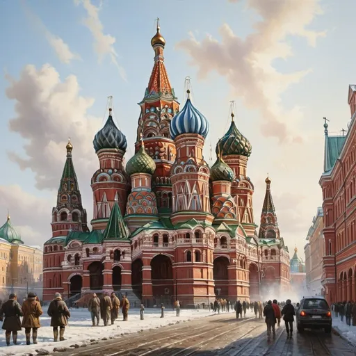 Prompt: Renaissance-style painting of Moscow, Russia, intricate architectural details of Saint Basil's Cathedral, realistic portrayal of cityscape, grand and majestic urban setting, precise depiction of natural light and shadows, exquisite artwork, detailed brushwork, historical accuracy, cathedral with colorful onion domes, bustling city life in the background, authentic period artwork, highly detailed, realistic, Renaissance style, accurate portrayal, historical art, Moscow, Saint Basil's Cathedral, precise light and shadow, grand cityscape