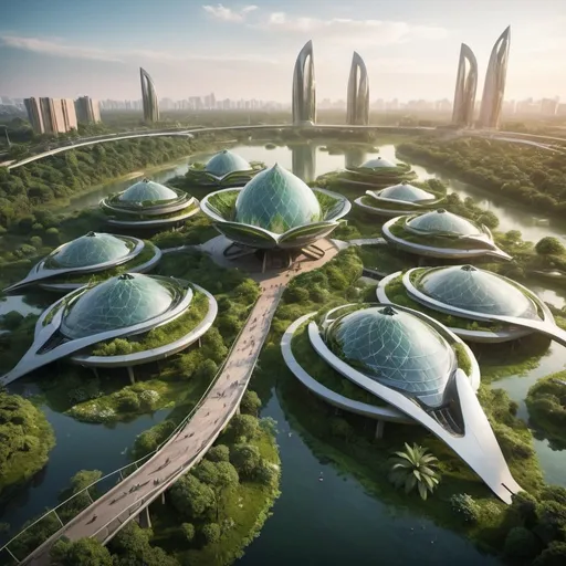 Prompt: This image shows a futuristic architectural complex set amidst a lush, green landscape. The buildings are sleek, shiny, and shaped like large, metallic lotus buds, featuring smooth, reflective surfaces. The complex consists of several such structures, varying in size, with the largest in the center.The scene includes well-manicured pathways, surrounding waterways, and a bridge connecting the complex to the rest of the area. In the background, there's a mix of natural greenery and distant urban buildings, hinting at a harmonious blend of nature and modernity. The lighting suggests that this image was taken during either sunrise or sunset, adding a warm glow to the landscape and buildings.