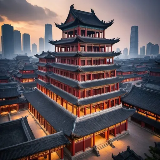 Prompt: 和谐城市 is a chinese city located near the eastern coastal region of china, create this city, its similar to other Chinese cities but keeps ancient chinese architecture and combines it with modern and futuristic architecture, the main building should have the words 和谐城市 on it written vertically, and the city should be displayed in a dark sunset scene, there are several other breathtaking buildings surrounding the main building, one optains the tradisional chinese styled rooftops but is a steel skyscraper. Overall the city is a perfect combination of both the past present and future and is known for its truly timeless architecture focus on the entire city and all of the buildings especially the main building and the Chinese timeless one, but focus on others too, make it look realistic