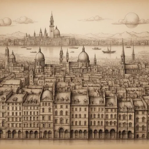 Prompt: detailed city skyline in the artistic manner of Leonardo da Vinci's sketches, brown paper canvas, black pen drawing, realistic, high detail, architectural drawing, historic cityscape, intricate buildings, Renaissance style, detailed shading, professional, fine art, realistic style, vintage, city lights, atmospheric lighting