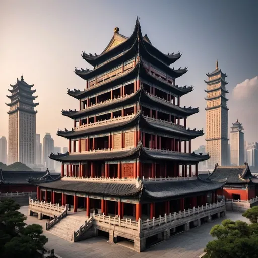 Prompt: 和谐城市 is a chinese city located near the eastern coastal region of china, create this city, its similar to other Chinese cities but keeps ancient chinese architecture and combines it with modern and futuristic architecture, the main building should have the words 和谐城市 on it written vertically, and the city should be displayed in a dark sunset scene, there are several other breathtaking buildings surrounding the main building, one optains the tradisional chinese styled rooftops but is a steel skyscraper. Overall the city is a perfect combination of both the past present and future and is known for its truly timeless architecture focus on the entire city and all of the buildings especially the main building and the Chinese timeless one, but focus on others too, make it look realistic the name should be written in Chinese in the one building using a screen