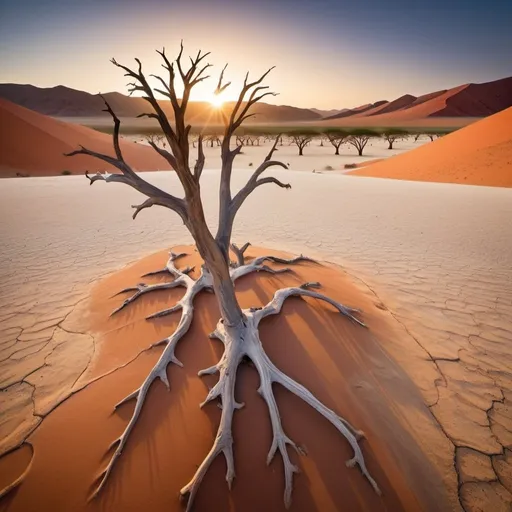 Prompt: Make a photorealistic image of In the vast expanse of Namibia, you stand at the edge of the Namib Desert, facing the awe-inspiring sight of Sossusvlei. The sun hangs low on the horizon, casting a warm, golden hue across the endless dunes, each ripple in the sand intricately detailed in the soft light. The towering red-orange dunes rise majestically, their sharp crests contrasting with the deep shadows that pool in the valleys below. Sparse vegetation clings tenaciously to life, with hardy shrubs and camelthorn trees providing dark green accents against the fiery landscape.

In the distance, the ghostly white clay pan of Deadvlei comes into view, its cracked surface reminiscent of a dried-up lake bed, stark and desolate. The skeletal remains of ancient camelthorn trees, long dead and sun-bleached, stand like eerie sentinels, their gnarled branches reaching toward the sky in silent testimony to the passage of time.

Above, the sky is a brilliant cobalt blue, unmarred by clouds, creating a striking contrast with the vivid colors of the earth below. A light breeze stirs the air, carrying with it the faint, earthy scent of the desert. The scene is both harsh and breathtakingly beautiful, a testament to the raw, untamed power of nature in one of the world’s most stunning landscapes. use faded pastel colours and oranges badges and blues