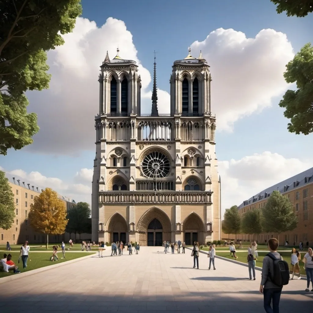 Prompt: make a school in the future in akin style to the Notre Dame and make it look like it is of baffling high standards  