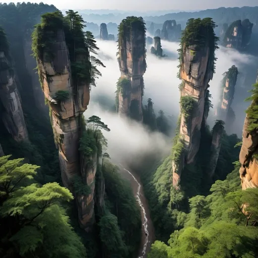 Prompt: Standing on the edge of Zhangjiajie National Forest Park in China, you find yourself enveloped in a landscape of otherworldly beauty. Towering sandstone pillars rise vertically from the dense, mist-shrouded forest below, each pillar draped in a lush tapestry of verdant foliage. The morning mist weaves through the columns, lending an ethereal, almost mystical quality to the scene as beams of sunlight pierce through, illuminating the rugged terrain with a soft, golden light.

Far below, the dense forest floor is a sea of deep greens, interspersed with bursts of color from blooming wildflowers and the occasional splash of autumnal reds and oranges. Crystal-clear streams wind their way through the forest, their gentle babbling the only sound in the stillness of the early morning.

Above, the sky is a pale, serene blue, with delicate wisps of clouds drifting lazily across it. In the distance, the landscape stretches out into a seemingly endless array of peaks and valleys, each more majestic than the last. The air is crisp and cool, carrying with it the fresh, invigorating scent of pine and earth.

This surreal panorama, with its dramatic interplay of light, shadow, and mist, evokes a sense of timeless wonder, as if you've stepped into a scene from an ancient Chinese painting brought vividly to life.