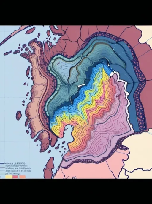 Prompt: The image depicts a detailed, hand-drawn topographical map of a fictional region. The map is vibrant, using a mix of greens, blues, yellows, and browns to represent different terrains and elevations. 

**Key Elements:**

1. **Geographical Features:**
   - Multiple islands are shown, surrounded by blue waters, with intricate coastlines.
   - The main landmass is varied, with areas of dense green indicating forests, yellow patches for plains, and blue for inland water bodies.

2. **Topography:**
   - The map includes contour lines to represent elevation changes, with labels indicating heights above and below sea level, ranging from 1000m to 2000m.
   - Mountainous regions are depicted with jagged, overlapping contour lines, while valleys and plains have smoother lines.

3. **Regions and Divisions:**
   - The landmass is divided into several distinct regions, each colored differently to signify various types of terrain and land use.
   - Detailed annotations describe these regions, with text pointing out specific areas and features.

4. **Settlements and Infrastructure:**
   - Various settlements are marked with clear labels, connected by a network of roads and pathways.
   - These pathways weave through different terrains, highlighting the map's varied landscape.

5. **Additional Details:**
   - The map features a large ocean along one edge, with a few islands near the mainland.
   - Water bodies, both coastal and inland, are detailed with shading and textural differences to indicate depth and movement.

6. **Artistic Style:**
   - The map has a whimsical, cartoonish style, with vibrant colors and imaginative representations of geographical features.
   - The handwriting and labels add a personal, handcrafted feel to the map, enhancing its charm and creativity.

Overall, the map is a rich, imaginative portrayal of a fictional region, combining detailed topographical elements with a playful artistic approach.