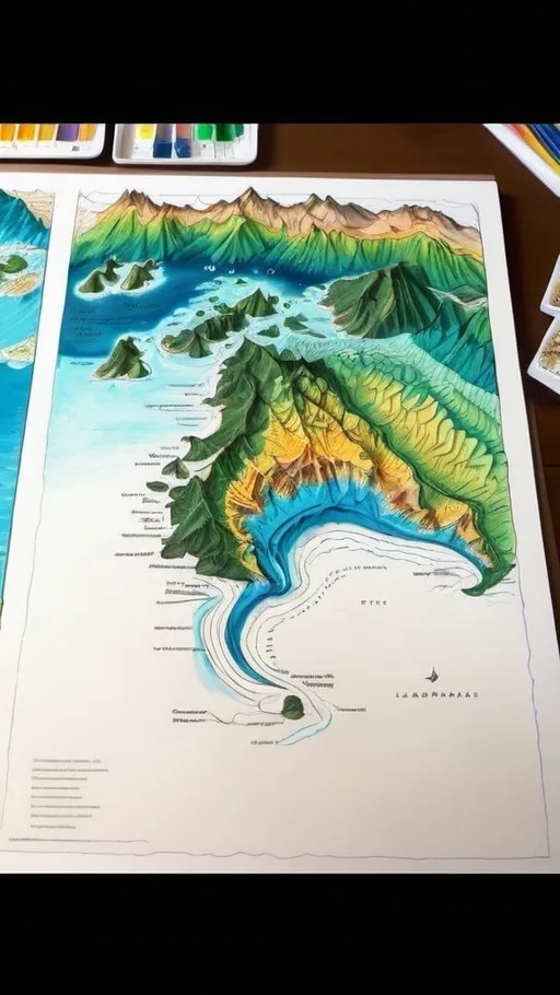 Prompt: The image depicts a detailed, hand-drawn topographical map of a fictional region. The map is vibrant, using a mix of greens, blues, yellows, and browns to represent different terrains and elevations. 

**Key Elements:**

1. **Geographical Features:**
   - Multiple islands are shown, surrounded by blue waters, with intricate coastlines.
   - The main landmass is varied, with areas of dense green indicating forests, yellow patches for plains, and blue for inland water bodies.

2. **Topography:**
   - The map includes contour lines to represent elevation changes, with labels indicating heights above and below sea level, ranging from 1000m to 2000m.
   - Mountainous regions are depicted with jagged, overlapping contour lines, while valleys and plains have smoother lines.

3. **Regions and Divisions:**
   - The landmass is divided into several distinct regions, each colored differently to signify various types of terrain and land use.
   - Detailed annotations describe these regions, with text pointing out specific areas and features.

4. **Settlements and Infrastructure:**
   - Various settlements are marked with clear labels, connected by a network of roads and pathways.
   - These pathways weave through different terrains, highlighting the map's varied landscape.

5. **Additional Details:**
   - The map features a large ocean along one edge, with a few islands near the mainland.
   - Water bodies, both coastal and inland, are detailed with shading and textural differences to indicate depth and movement.

6. **Artistic Style:**
   - The map has a whimsical, cartoonish style, with vibrant colors and imaginative representations of geographical features.
   - The handwriting and labels add a personal, handcrafted feel to the map, enhancing its charm and creativity.

Overall, the map is a rich, imaginative portrayal of a fictional region, combining detailed topographical elements with a playful artistic approach.