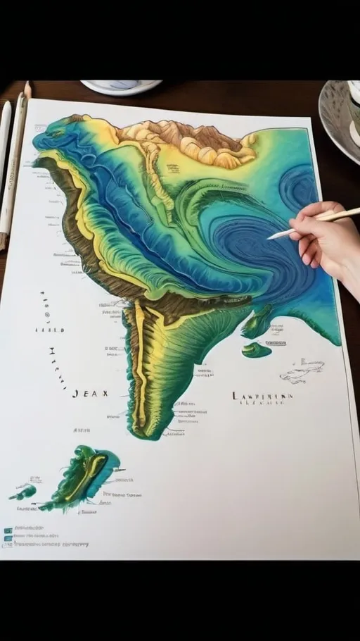 Prompt: The image depicts a detailed, hand-drawn topographical map of a fictional region. The map is vibrant, using a mix of greens, blues, yellows, and browns to represent different terrains and elevations. 

**Key Elements:**

1. **Geographical Features:**
   - Multiple islands are shown, surrounded by blue waters, with intricate coastlines.
   - The main landmass is varied, with areas of dense green indicating forests, yellow patches for plains, and blue for inland water bodies.

2. **Topography:**
   - The map includes contour lines to represent elevation changes, with labels indicating heights above and below sea level, ranging from 1000m to 2000m.
   - Mountainous regions are depicted with jagged, overlapping contour lines, while valleys and plains have smoother lines.

3. **Regions and Divisions:**
   - The landmass is divided into several distinct regions, each colored differently to signify various types of terrain and land use.
   - Detailed annotations describe these regions, with text pointing out specific areas and features.

4. **Settlements and Infrastructure:**
   - Various settlements are marked with clear labels, connected by a network of roads and pathways.
   - These pathways weave through different terrains, highlighting the map's varied landscape.

5. **Additional Details:**
   - The map features a large ocean along one edge, with a few islands near the mainland.
   - Water bodies, both coastal and inland, are detailed with shading and textural differences to indicate depth and movement.

6. **Artistic Style:**
   - The map has a whimsical, cartoonish style, with vibrant colors and imaginative representations of geographical features.
   - The handwriting and labels add a personal, handcrafted feel to the map, enhancing its charm and creativity.

Overall, the map is a rich, imaginative portrayal of a fictional region, combining detailed topographical elements with a playful artistic approach.