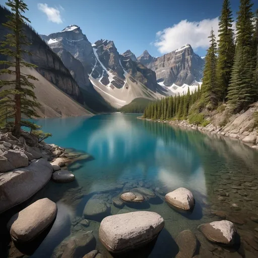 Prompt: Perched on the edge of Moraine Lake in Banff National Park, Canada, you find yourself amidst a scene of breathtaking natural beauty. The turquoise waters of the glacially-fed lake reflect the surrounding peaks of the Valley of the Ten Peaks, their snow-capped summits standing tall against the clear blue sky. Each mountain, with its rugged, jagged profile, is sharply defined in the crisp mountain air, their details etched vividly against the backdrop.

The shoreline is dotted with dense clusters of evergreens, their deep green needles providing a rich contrast to the brilliant blue of the water. The air is filled with the fresh, invigorating scent of pine and cedar, mixed with the faint chill of glacial ice. Wildflowers in shades of purple, yellow, and white add splashes of color among the rocks and underbrush.

A gentle breeze ripples the surface of the lake, causing the reflections to dance and shimmer. The clarity of the water allows you to see down to the smooth, multicolored stones on the lakebed, creating a mesmerizing mosaic. Nearby, a small waterfall cascades down a rocky cliff, its crystal-clear waters sparkling in the sunlight as it tumbles into the lake with a soothing, rhythmic sound.

Above, the sky is a vivid, cloudless blue, the sun shining brightly and casting a warm, golden light over the landscape. The scene is perfectly serene, a pristine wilderness that feels untouched and timeless, inviting you to pause and absorb the profound tranquility and beauty of nature at its finest.

To capture this scene in photorealistic detail, imagine the textures and colors with the utmost clarity. Envision the way the sunlight glistens on the water's surface, the intricate details of each pine needle, and the play of light and shadow on the rugged mountain faces. Feel the cool, fresh air on your skin, hear the gentle rustling of leaves and the distant call of birds. Let every detail come to life with vivid precision, creating an image that is as real and tangible as standing in that very spot.