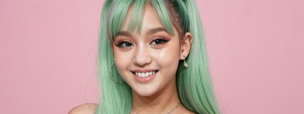 Prompt: Make a person that looks like a mix between Lalisa and Ariana Grande with mint green hair and pale skin and a dimpled smile
