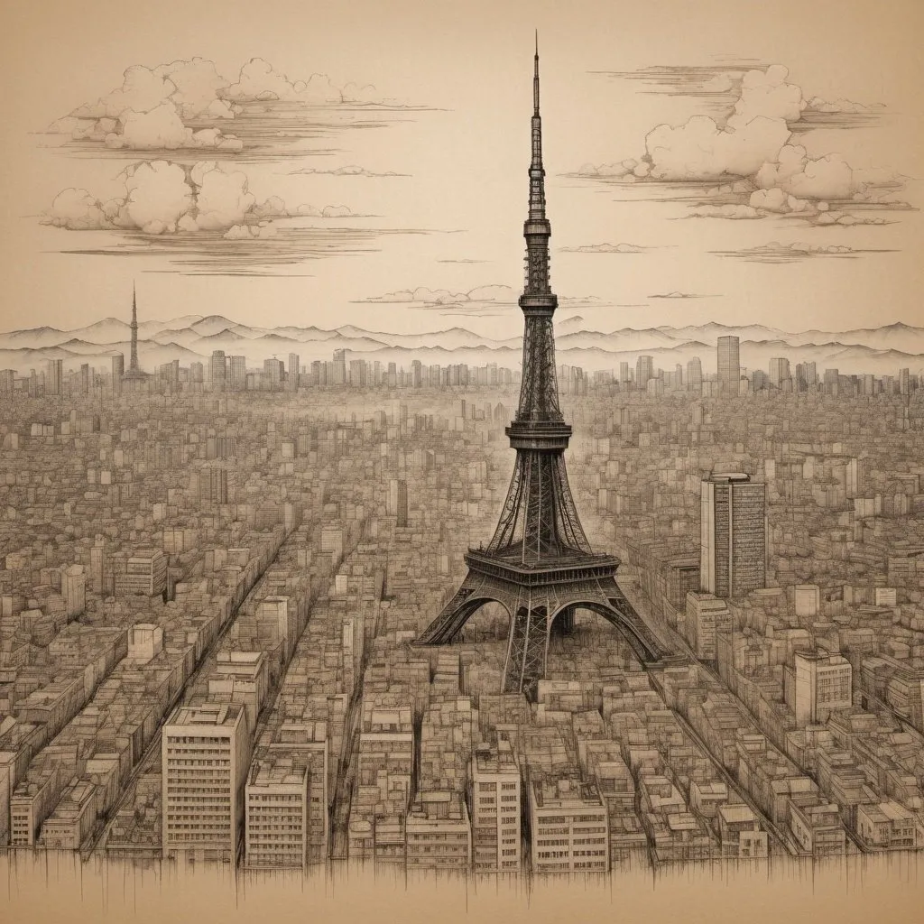 Prompt: detailed city skyline of Tokyo 
in the artistic manner of Leonardo da Vinci's sketches, brown paper canvas, black pen drawing, realistic, high detail, architectural drawing, historic cityscape, intricate buildings, Renaissance style, detailed shading, professional, fine art, realistic style, vintage, city lights, atmospheric lighting