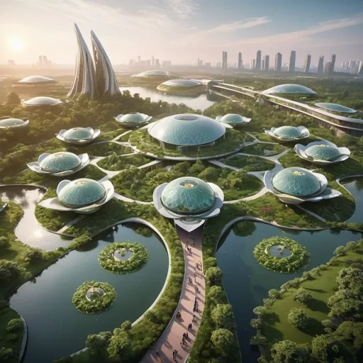 Prompt: This image shows a futuristic architectural complex set amidst a lush, green landscape. The buildings are sleek, shiny, and shaped like large, metallic lotus buds, featuring smooth, reflective surfaces. The complex consists of several such structures, varying in size, with the largest in the center.The scene includes well-manicured pathways, surrounding waterways, and a bridge connecting the complex to the rest of the area. In the background, there's a mix of natural greenery and distant urban buildings, hinting at a harmonious blend of nature and modernity. The lighting suggests that this image was taken during either sunrise or sunset, adding a warm glow to the landscape and buildings.