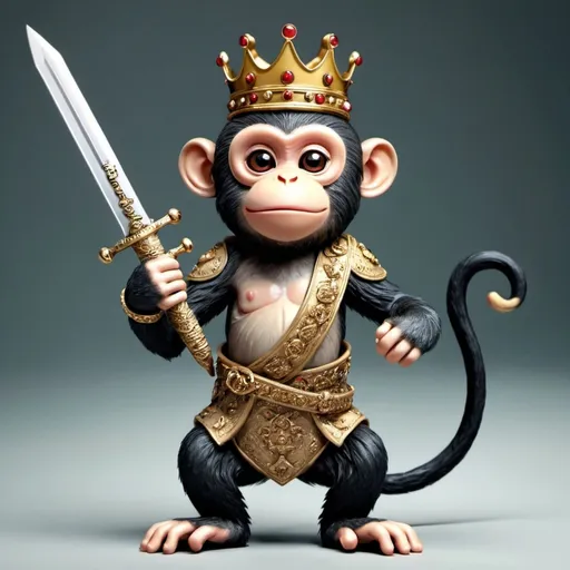 Prompt: monkey with a crown holding a sword

