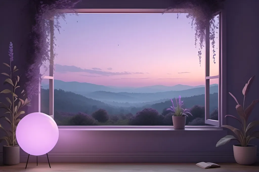 Prompt: (ambient chill), serene atmosphere, lo-fi aesthetic, soft hues of lavender and sky blue, warm lighting, cozy vibes, tranquil setting, relaxing music notes floating, minimalist design elements, vines wrapping around a stereo, tranquil background with gentle gradients, HD quality, peaceful and inviting atmosphere.