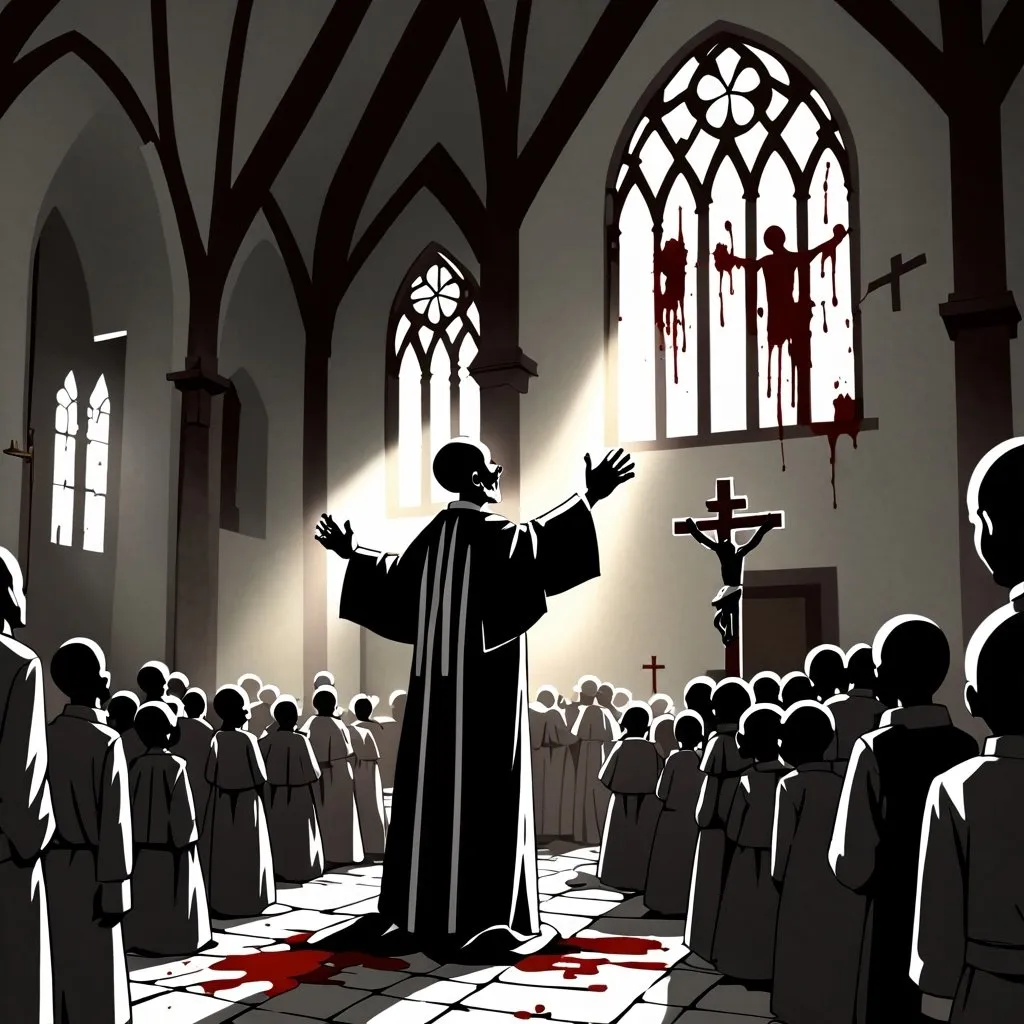 Prompt: A dead priest praising God with blood and starving children in an old church 