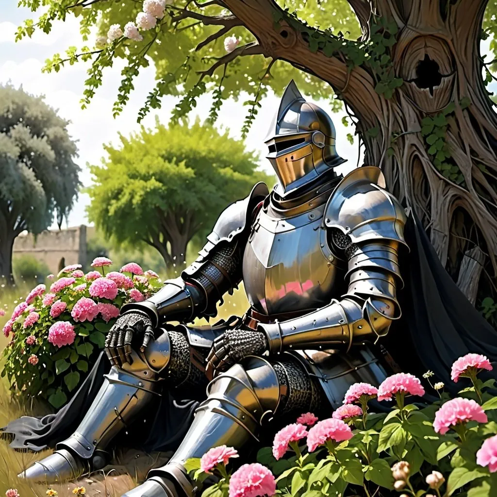 Prompt: A dead knight sitting under a tree overgrown with flowers