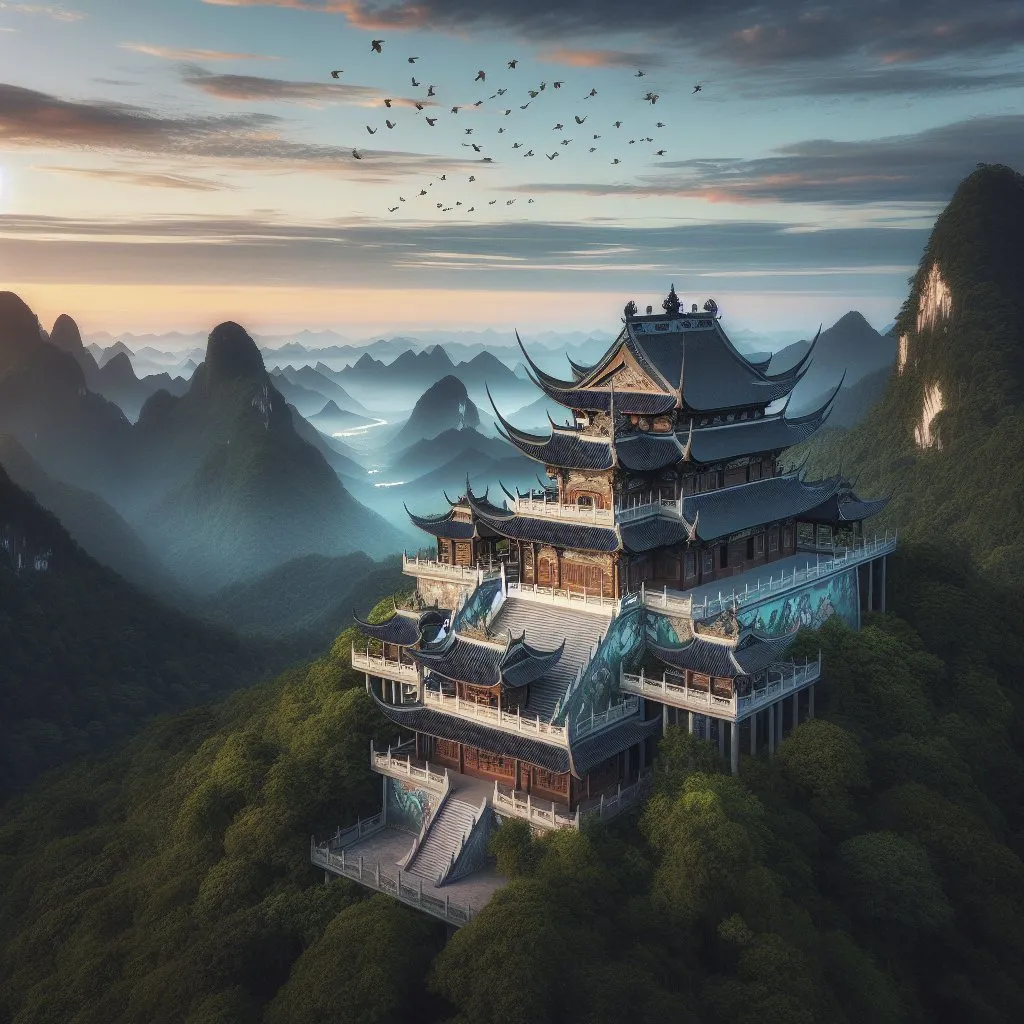 Prompt: Buddhist temple on the mountain
