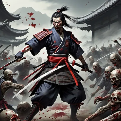 Prompt: A samurai slaying a horde of zombies 