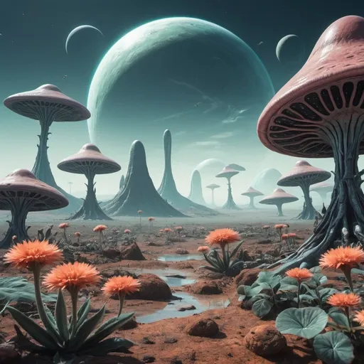 Prompt: An alien landscape with flora and fauna