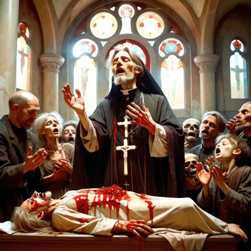 Prompt: A dead priest praising God with blood and starving children in an old church 